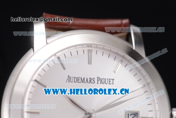 Audemars Piguet Jules Audemars Clone AP Calibre 3120 Automatic Steel Case with Silver Dial Stick Markers and Brown Leather Strap - 1:1 Original (EF) - Click Image to Close